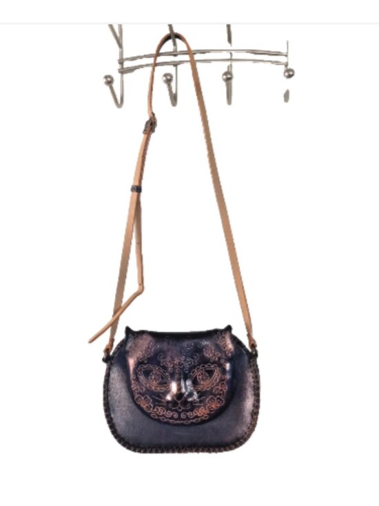 Leather Cat Face Crossbody Bag Hand Tooled Embossed Black Boho Whipstitch - Picture 2 of 14